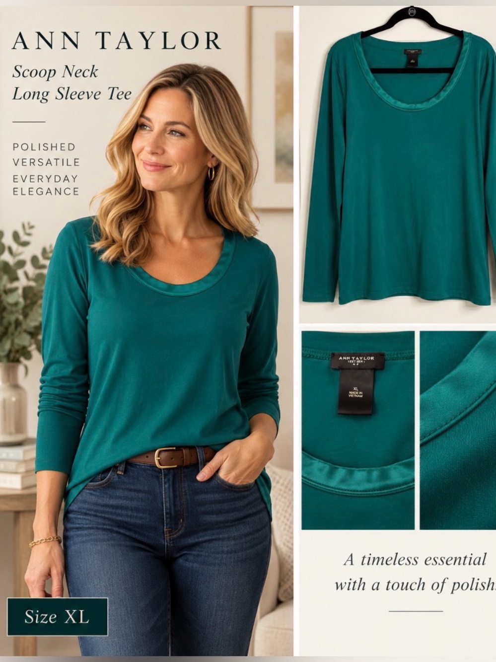 Ann Taylor Emerald Green Scoop Neck Long Sleeve Top | Size XL